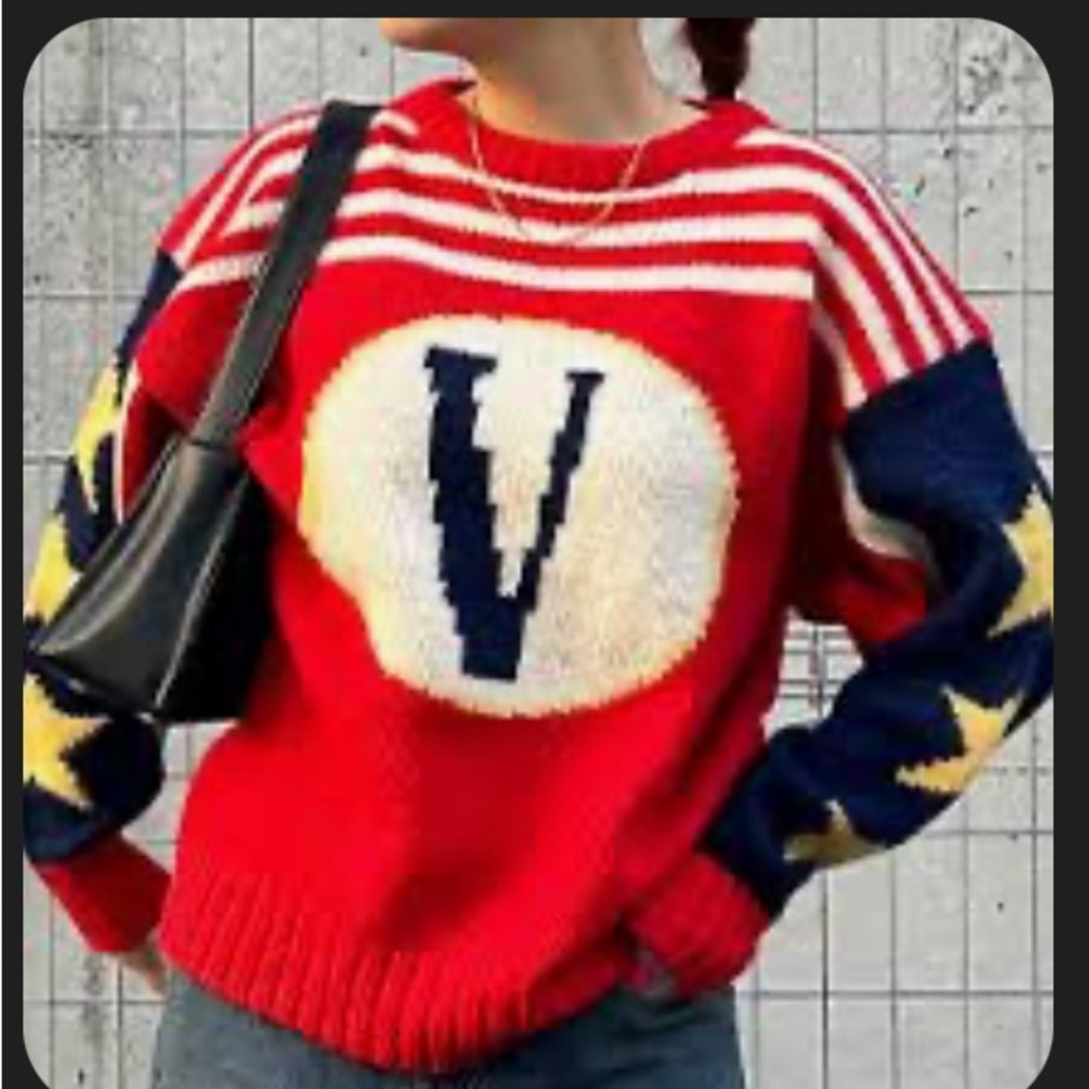 Seychelle Shetland Wool Vintage Vibrant Red Sweater with Blue and White Accents